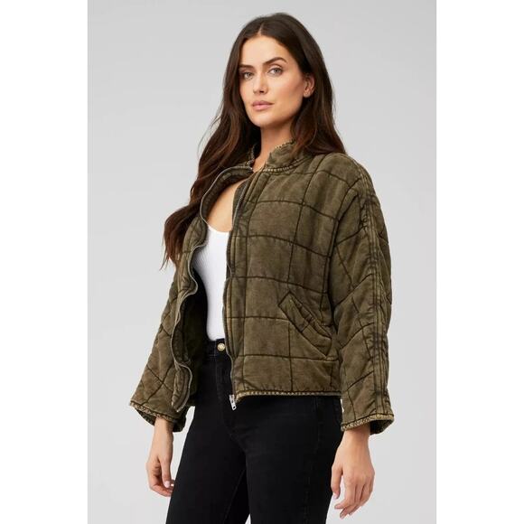 Free People Oversized Quilted Military Green Knit Zip Up Jacket Size M - Picture 7 of 9